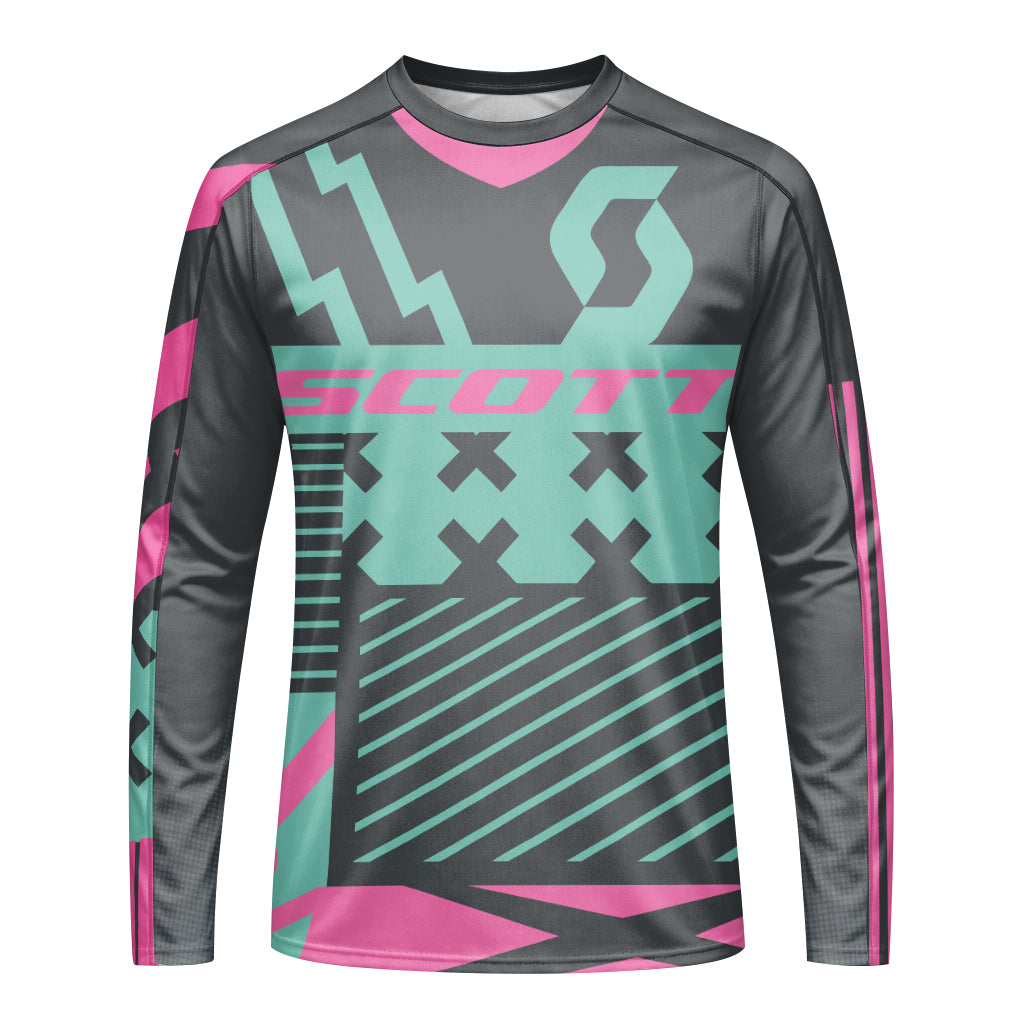 Scott Teal Pink Geometric Youth Long Sleeve Mountain Bike Jersey – Front View Mockup