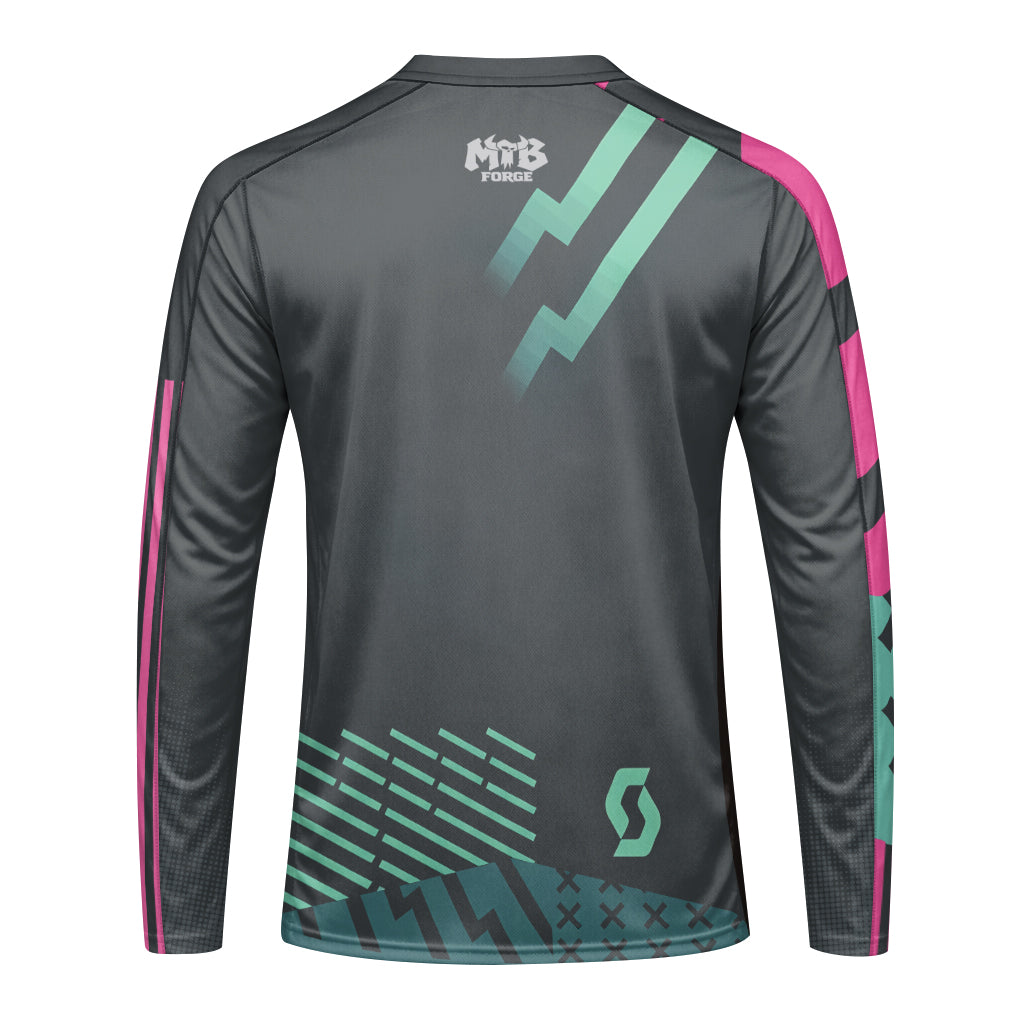 Scott Teal Pink Geometric Youth Long Sleeve Mountain Bike Jersey – Back View Mockup