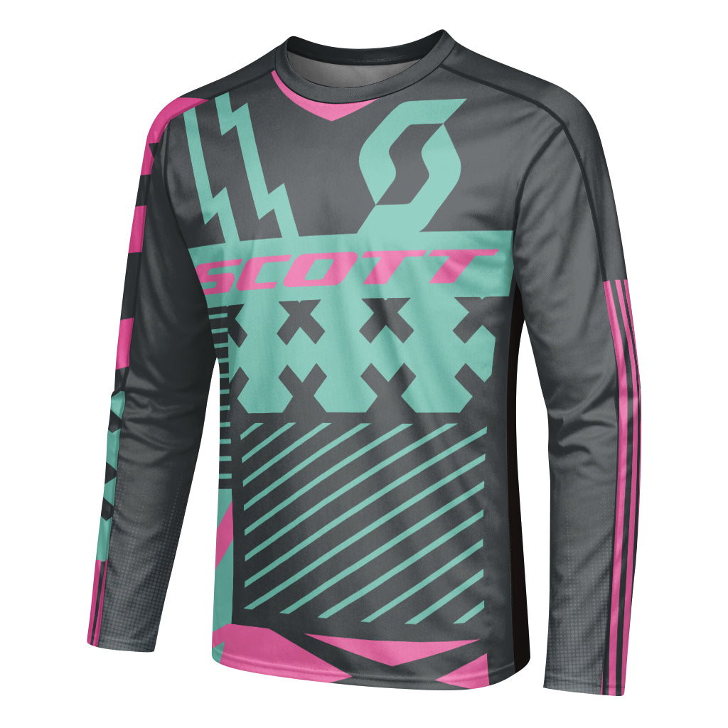Scott Teal Pink Geometric Youth Long Sleeve Mountain Bike Jersey – Left Side View Mockup