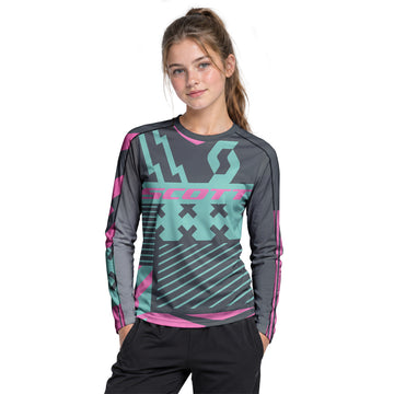 Scott Teal Pink Geometric Youth Long Sleeve Mountain Bike Jersey – Girl Lifestyle View