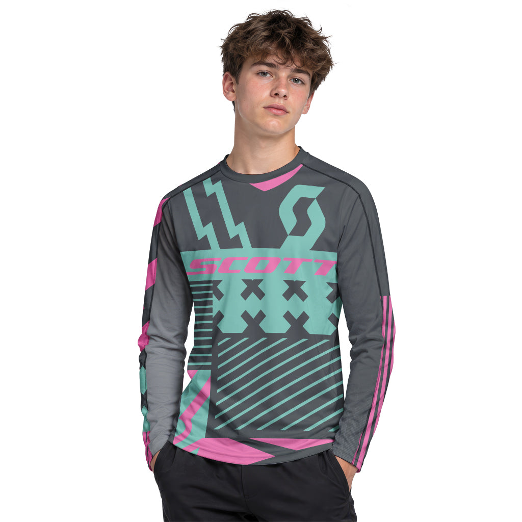 Scott Teal Pink Geometric Youth Long Sleeve Mountain Bike Jersey – Boy Lifestyle View