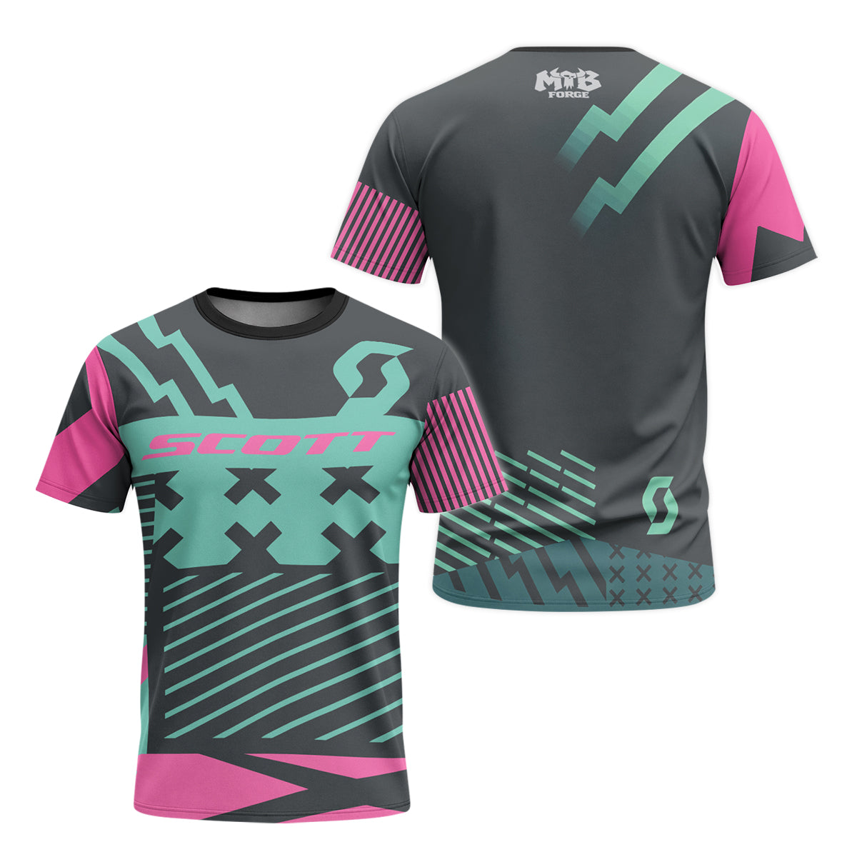 Scott Teal Pink Geometric Youth Short Sleeve Mountain Bike Jersey – Front and Back View