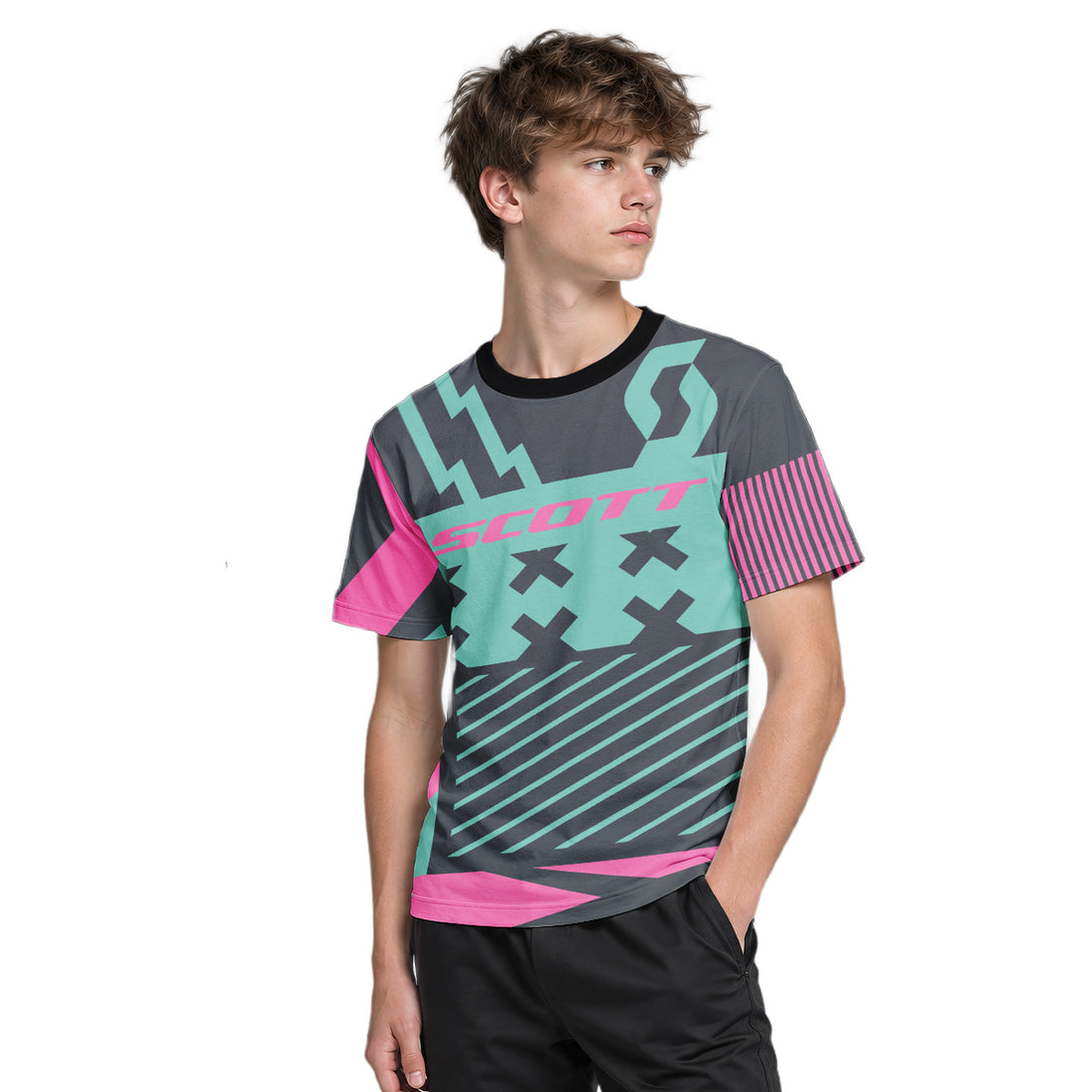 Scott Teal Pink Geometric Youth Short Sleeve Mountain Bike Jersey – Boy Lifestyle View