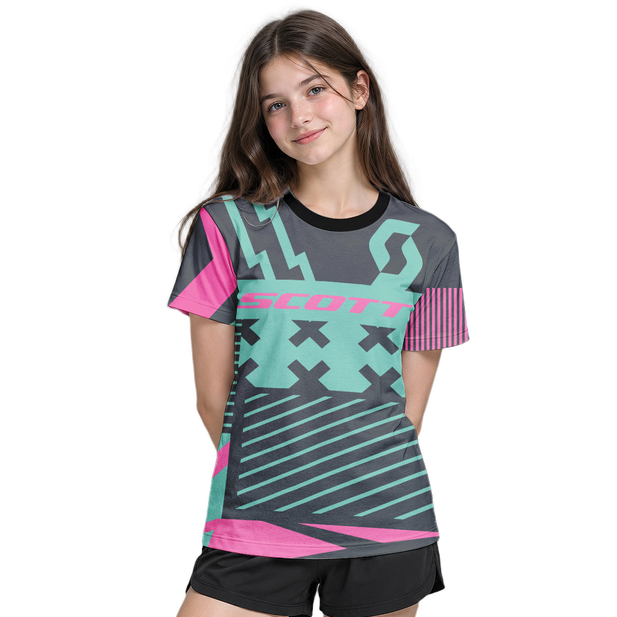 Scott Teal Pink Geometric Youth Short Sleeve Mountain Bike Jersey – Girl Lifestyle View