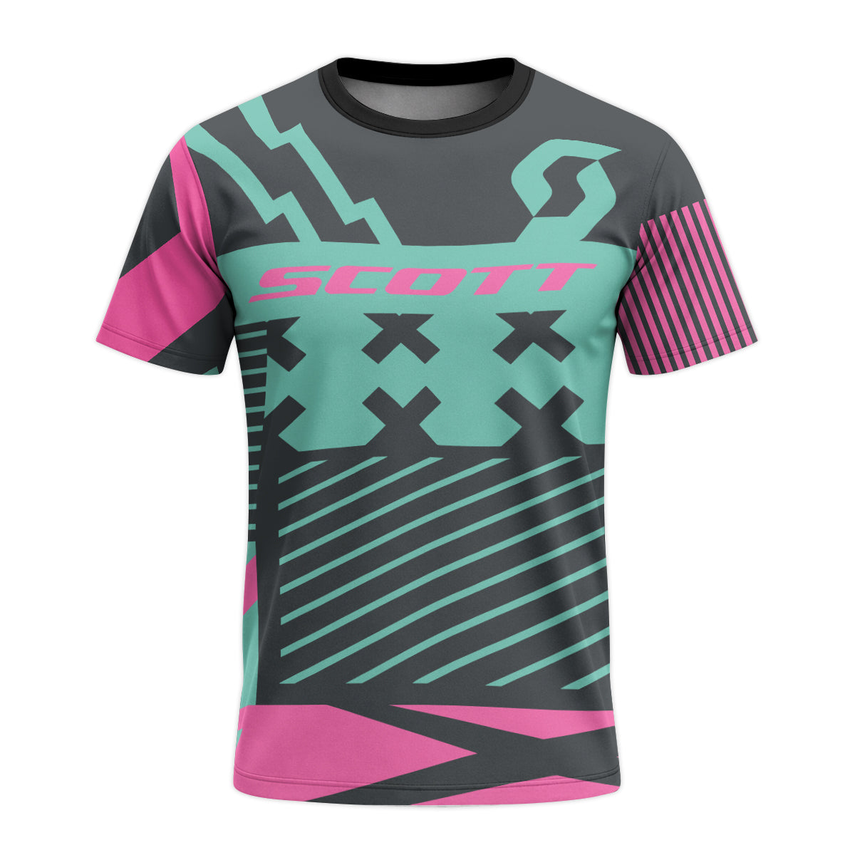 Scott Teal Pink Geometric Youth Short Sleeve Mountain Bike Jersey – Front View Mockup