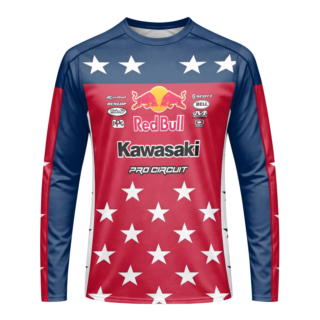 Sean Cantrell 40 Kawasaki Red Bull Patriotic Long Sleeve Motocross Jersey – Front View Mockup