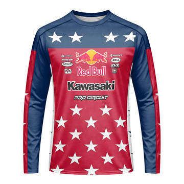 Sean Cantrell 40 Kawasaki Red Bull Patriotic Long Sleeve Motocross Jersey – Front View Mockup