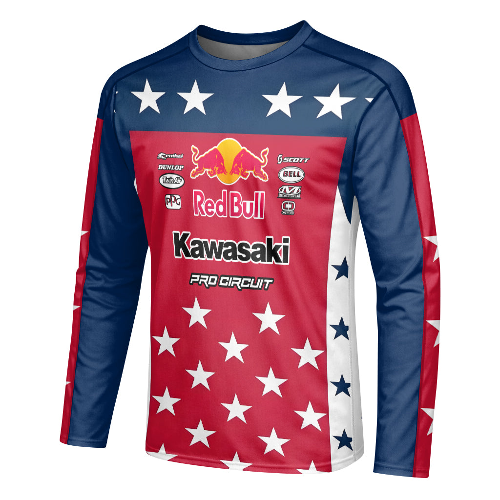 Sean Cantrell 40 Kawasaki Red Bull Patriotic Long Sleeve Motocross Jersey – Left Side View Mockup