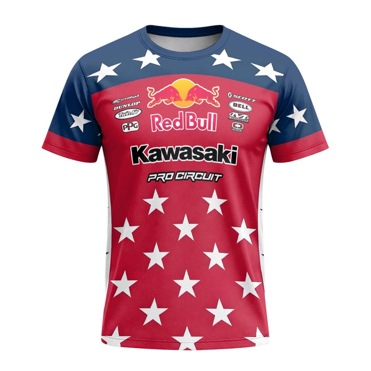 Sean Cantrell 40 Kawasaki Red Bull Patriotic Short Sleeve Motocross Jersey – Front View Mockup