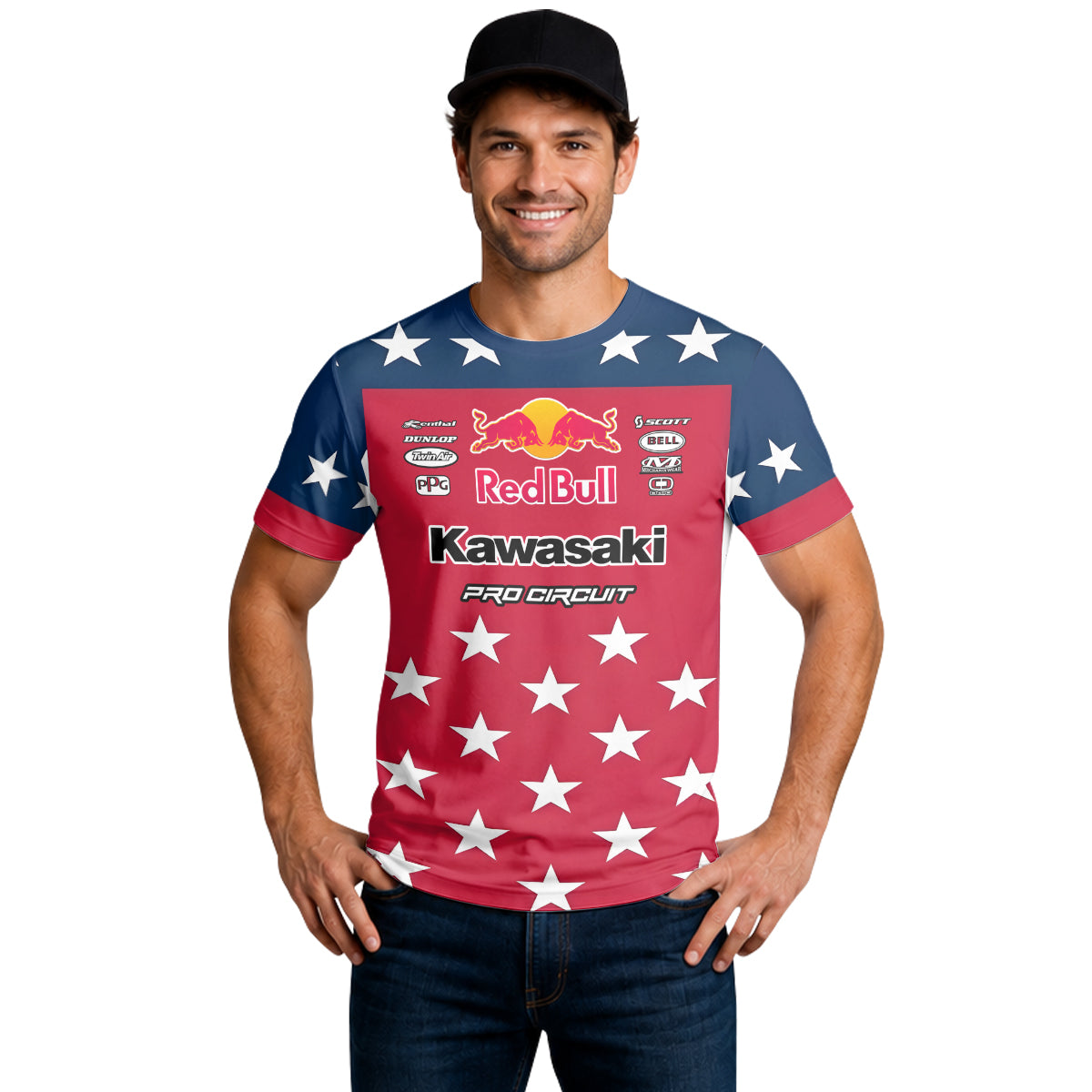 Sean Cantrell 40 Kawasaki Red Bull Patriotic Short Sleeve Motocross Jersey – Lifestyle View