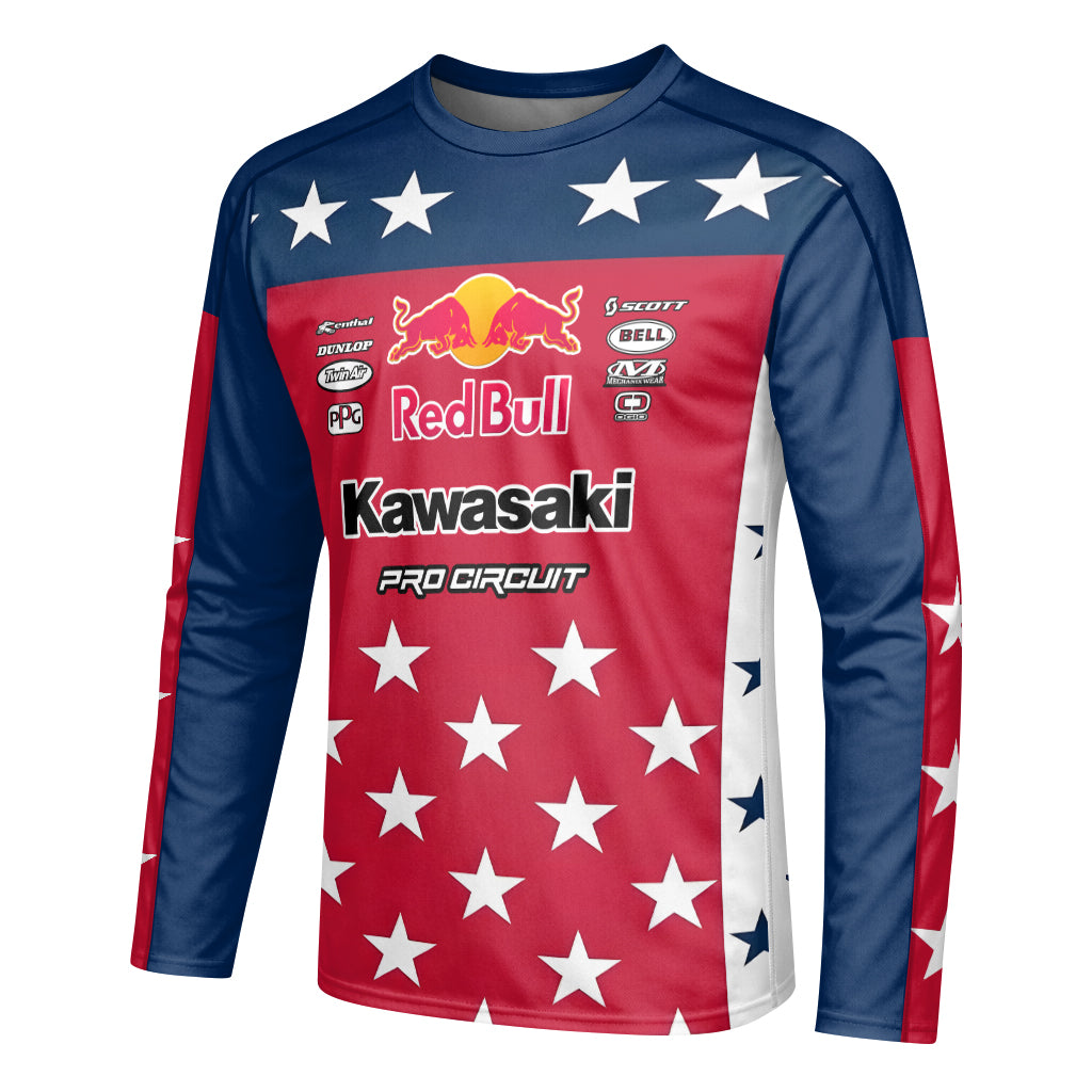Sean Cantrell 40 Kawasaki Red Bull Patriotic Youth Long Sleeve Motocross Jersey – Left Side View Mockup