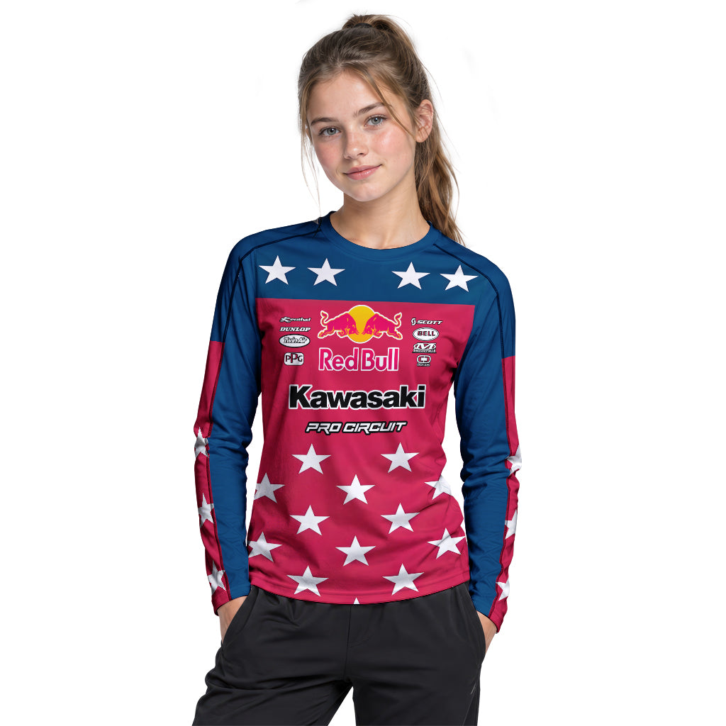 Sean Cantrell 40 Kawasaki Red Bull Patriotic Youth Long Sleeve Motocross Jersey – Girl Lifestyle View