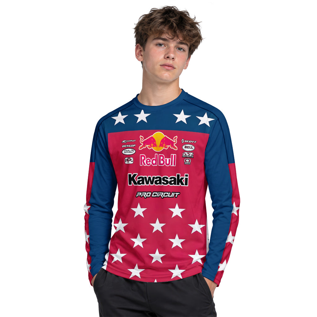 Sean Cantrell 40 Kawasaki Red Bull Patriotic Youth Long Sleeve Motocross Jersey – Boy Lifestyle View