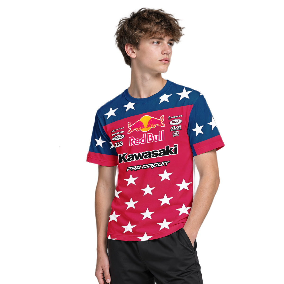 Sean Cantrell 40 Kawasaki Red Bull Patriotic Youth Short Sleeve Motocross Jersey – Boy Lifestyle View