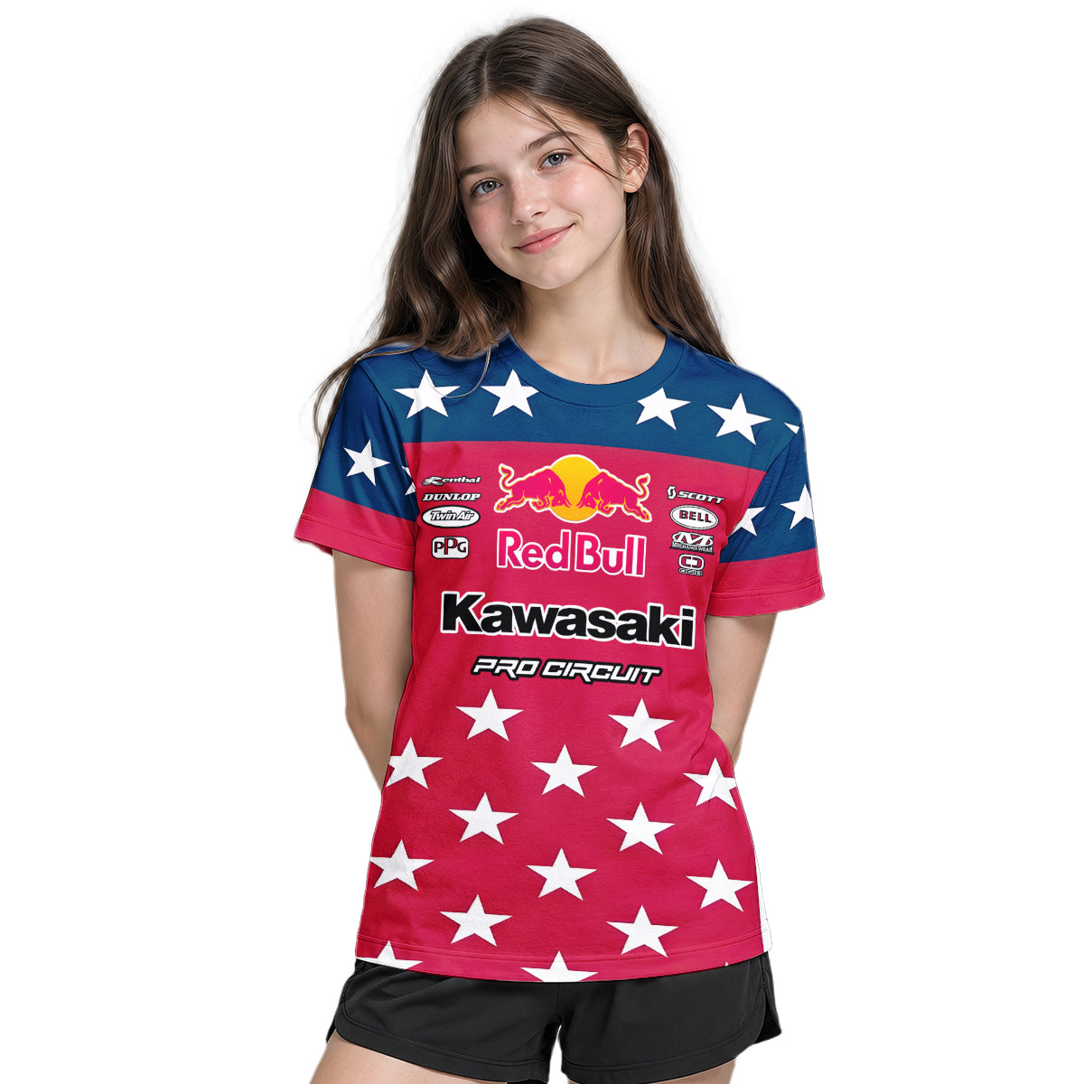 Sean Cantrell 40 Kawasaki Red Bull Patriotic Youth Short Sleeve Motocross Jersey – Girl Lifestyle View