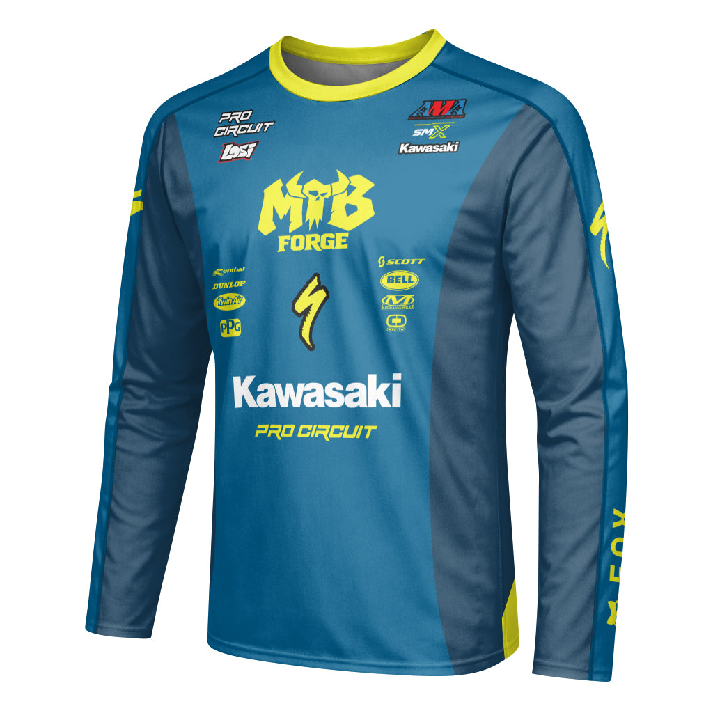 Seth Hammaker 56 Kawasaki Pro Circuit Youth Long Sleeve Motocross Jersey – Left Side View Mockup