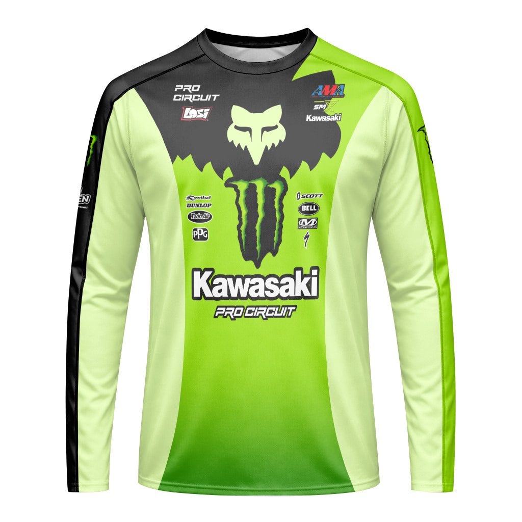 Seth Hammaker Kawasaki Monster Energy Green Black Long Sleeve Motocross Jersey - front view mockup