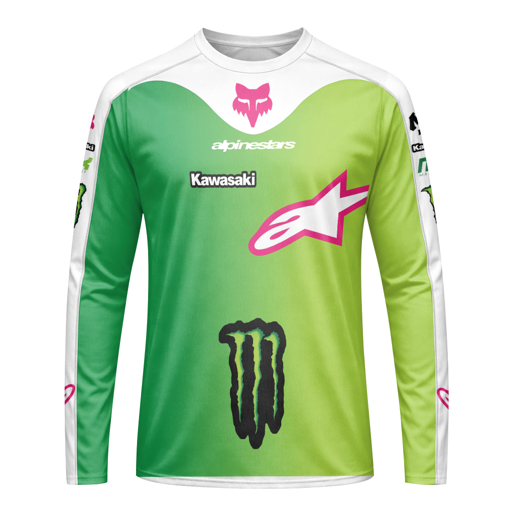 Sexton 4 Kawasaki Alpinestars Green Pink Long Sleeve Motocross Jersey - front view mockup