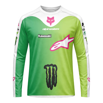 Sexton 4 Kawasaki Alpinestars Green Pink Long Sleeve Motocross Jersey - front view mockup