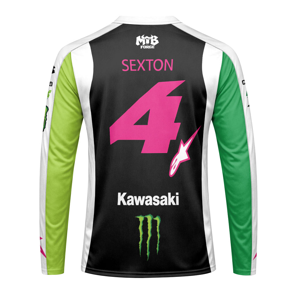 Sexton 4 Kawasaki Alpinestars Green Pink Long Sleeve Motocross Jersey - back view mockup