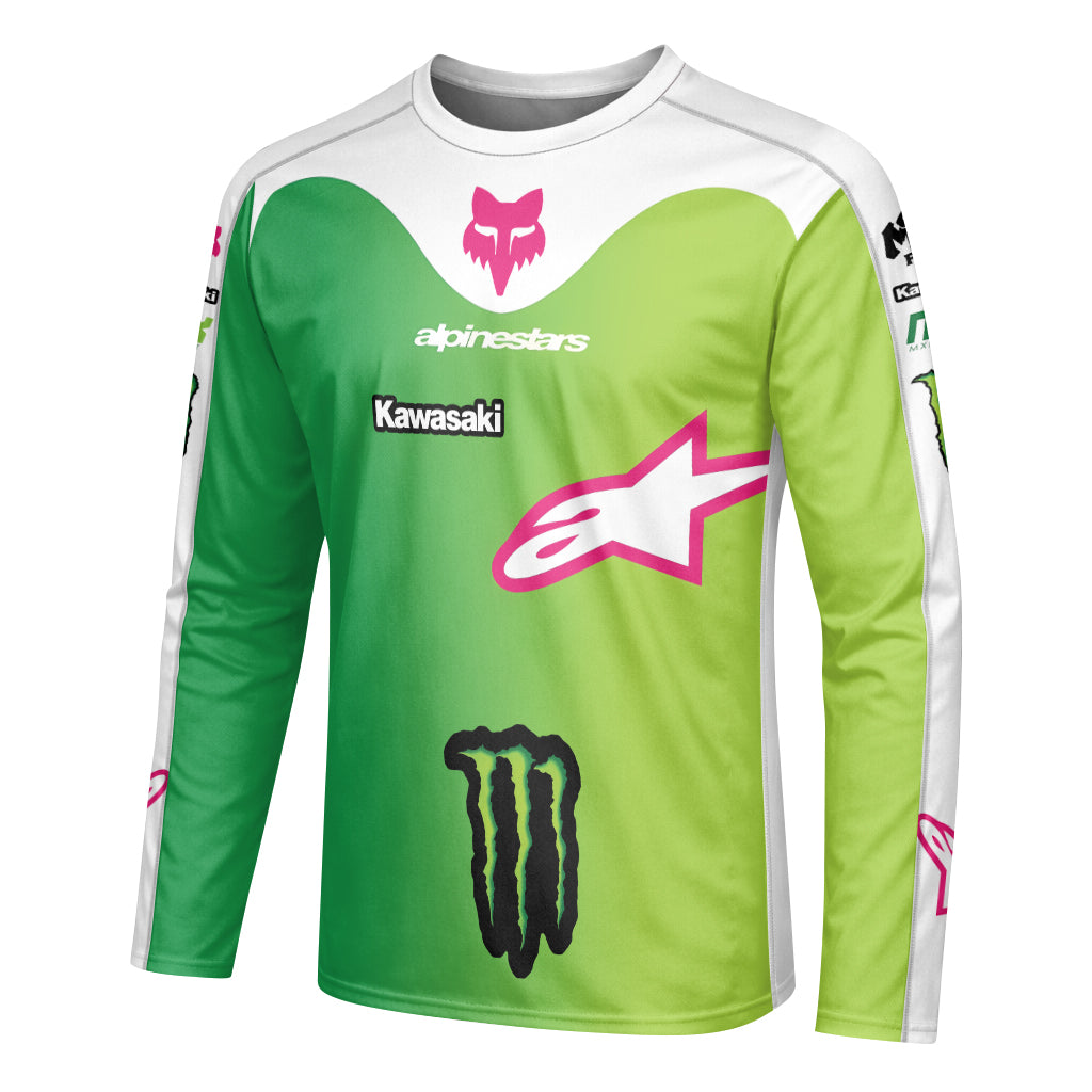 Sexton 4 Kawasaki Alpinestars Green Pink Long Sleeve Motocross Jersey - left side mockup