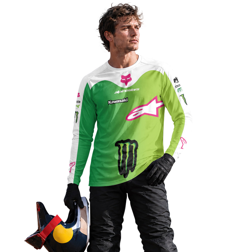 Sexton 4 Kawasaki Alpinestars Green Pink Long Sleeve Motocross Jersey - lifestyle view