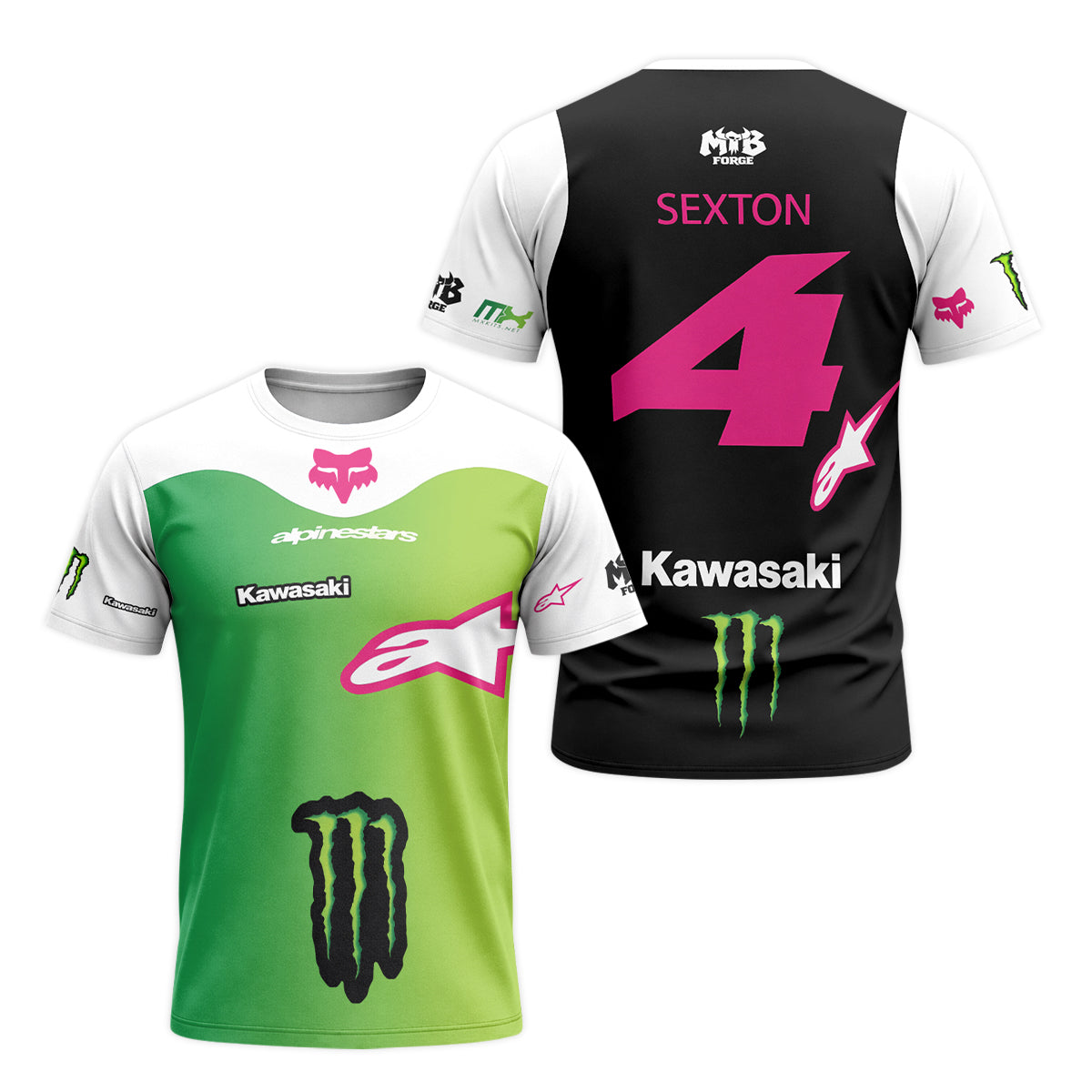 Sexton 4 Kawasaki Alpinestars Green Pink Short Sleeve Motocross Jersey - front and back view