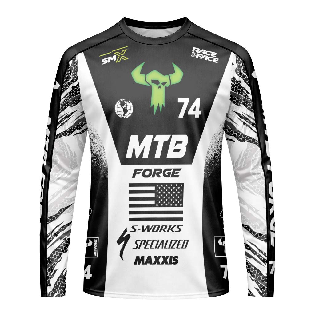 Specialized 74 Black White Factory Race Long Sleeve Mountain Bike Jersey – Front View Mockup
