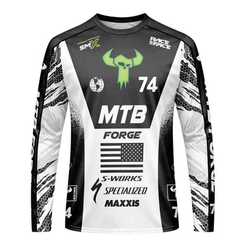 Specialized 74 Black White Factory Race Long Sleeve Mountain Bike Jersey – Front View Mockup