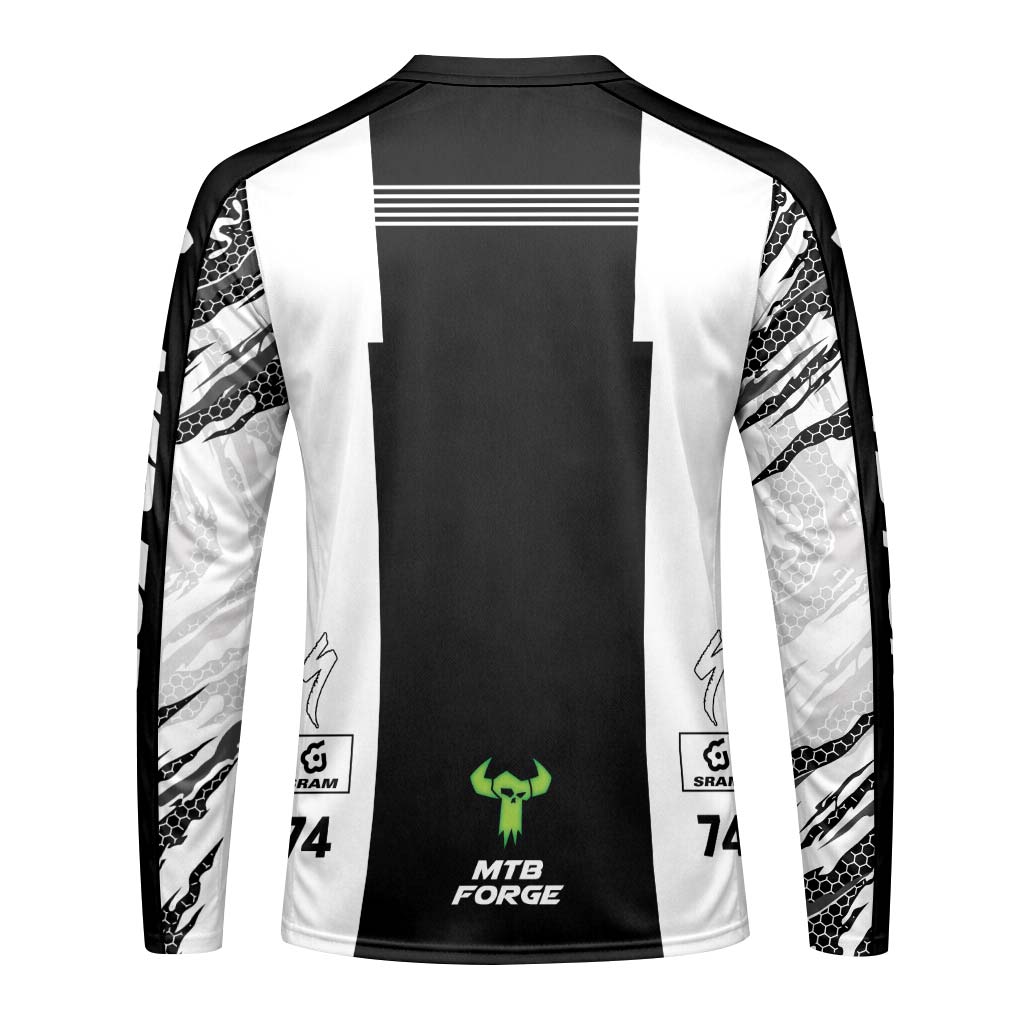 Specialized 74 Black White Factory Race Long Sleeve Mountain Bike Jersey – Back View Mockup