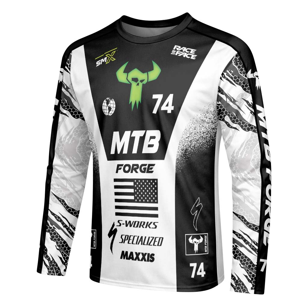 Specialized 74 Black White Factory Race Long Sleeve Mountain Bike Jersey – Left Side View Mockup