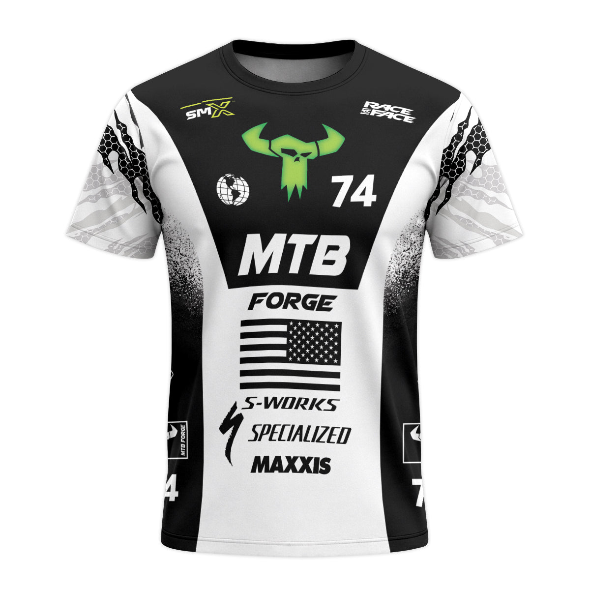 Specialized 74 Black White Factory Race Short Sleeve Mountain Bike Jersey – Front View Mockup