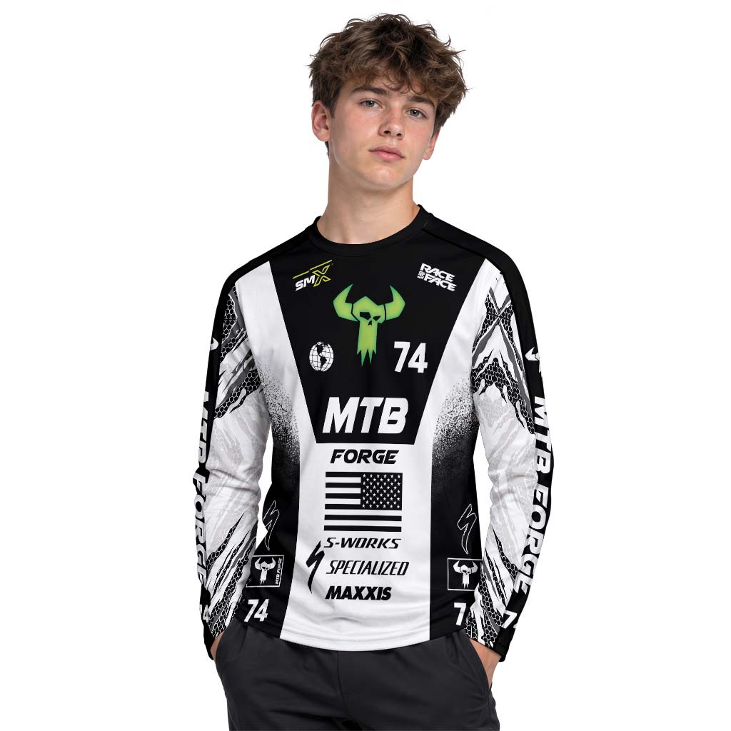 Specialized 74 Black White Factory Race Youth Long Sleeve Mountain Bike Jersey – Girl Lifestyle View