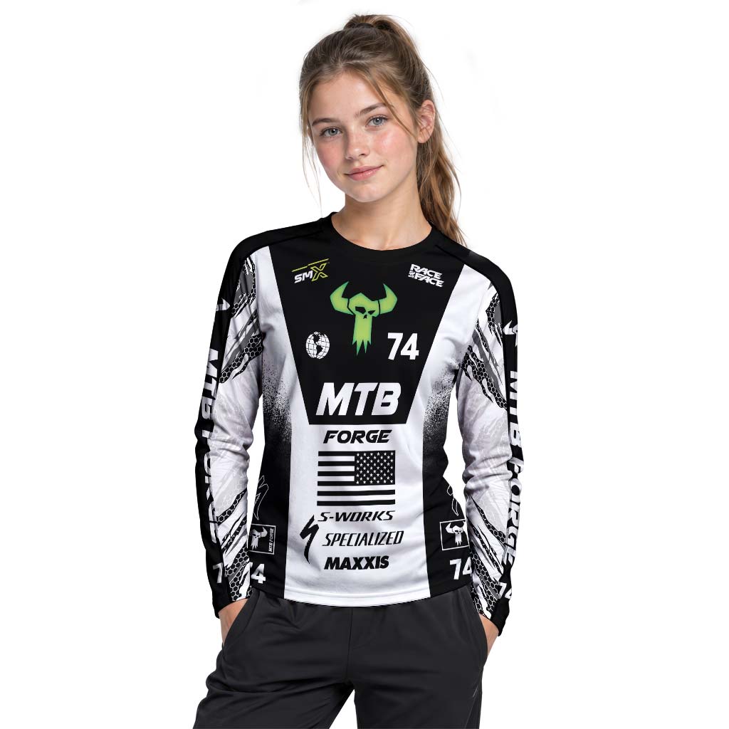 Specialized 74 Black White Factory Race Youth Long Sleeve Mountain Bike Jersey – Girl Lifestyle View