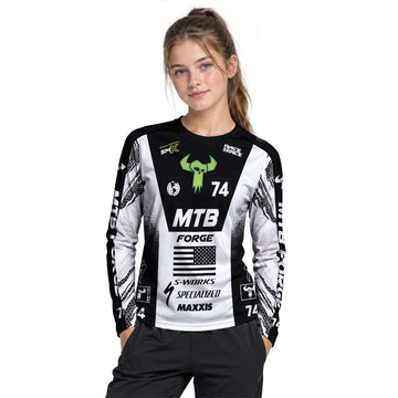 Specialized 74 Black White Factory Race Youth Long Sleeve Mountain Bike Jersey – Girl Lifestyle View