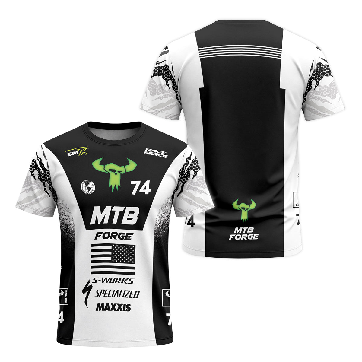 Specialized 74 Black White Factory Race Youth Short Sleeve Mountain Bike Jersey – Front and Back View