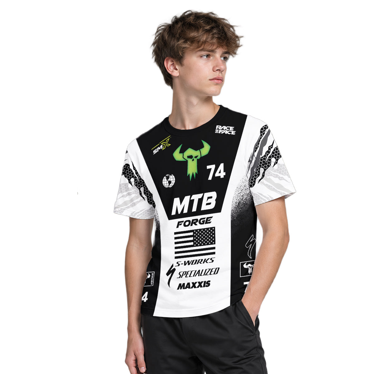 Specialized 74 Black White Factory Race Youth Short Sleeve Mountain Bike Jersey – Boy Lifestyle View