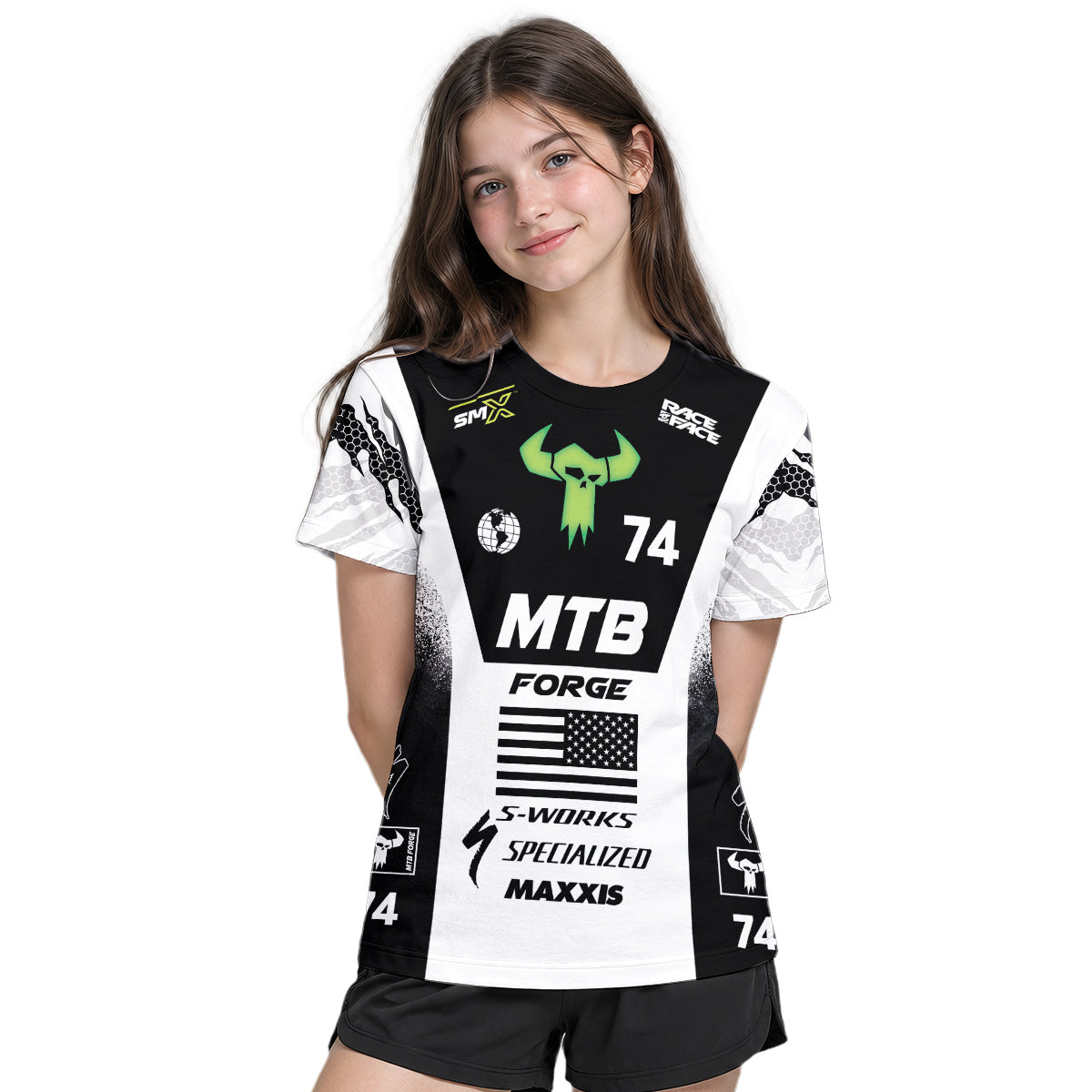 Specialized 74 Black White Factory Race Youth Short Sleeve Mountain Bike Jersey – Girl Lifestyle View
