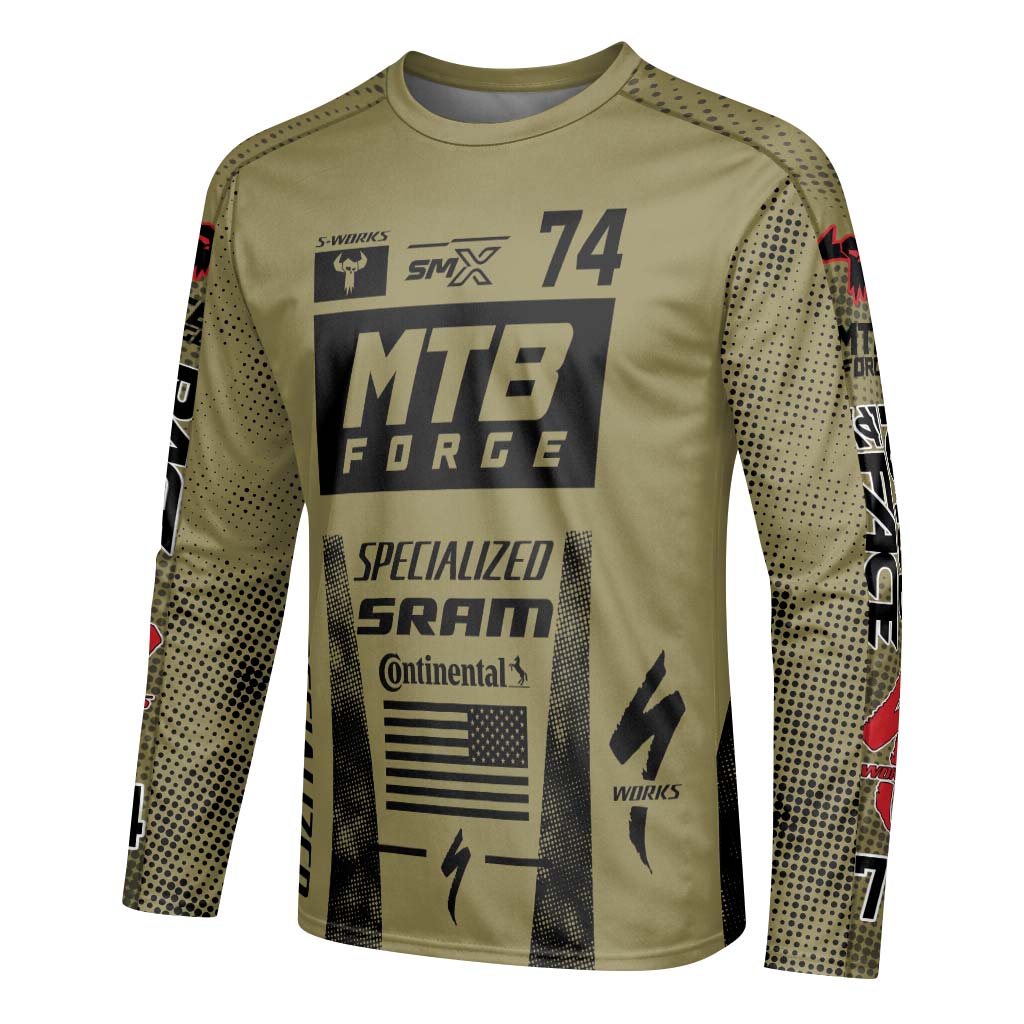 Specialized 74 Khaki Black Long Sleeve Mountain Bike Jersey – Left Side View Mockup