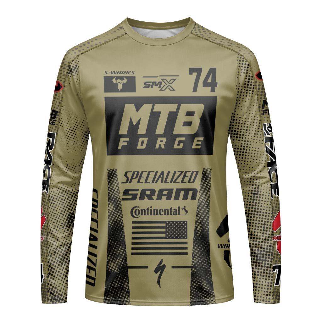 Specialized 74 Khaki Black Long Sleeve Mountain Bike Jersey – Front View Mockup