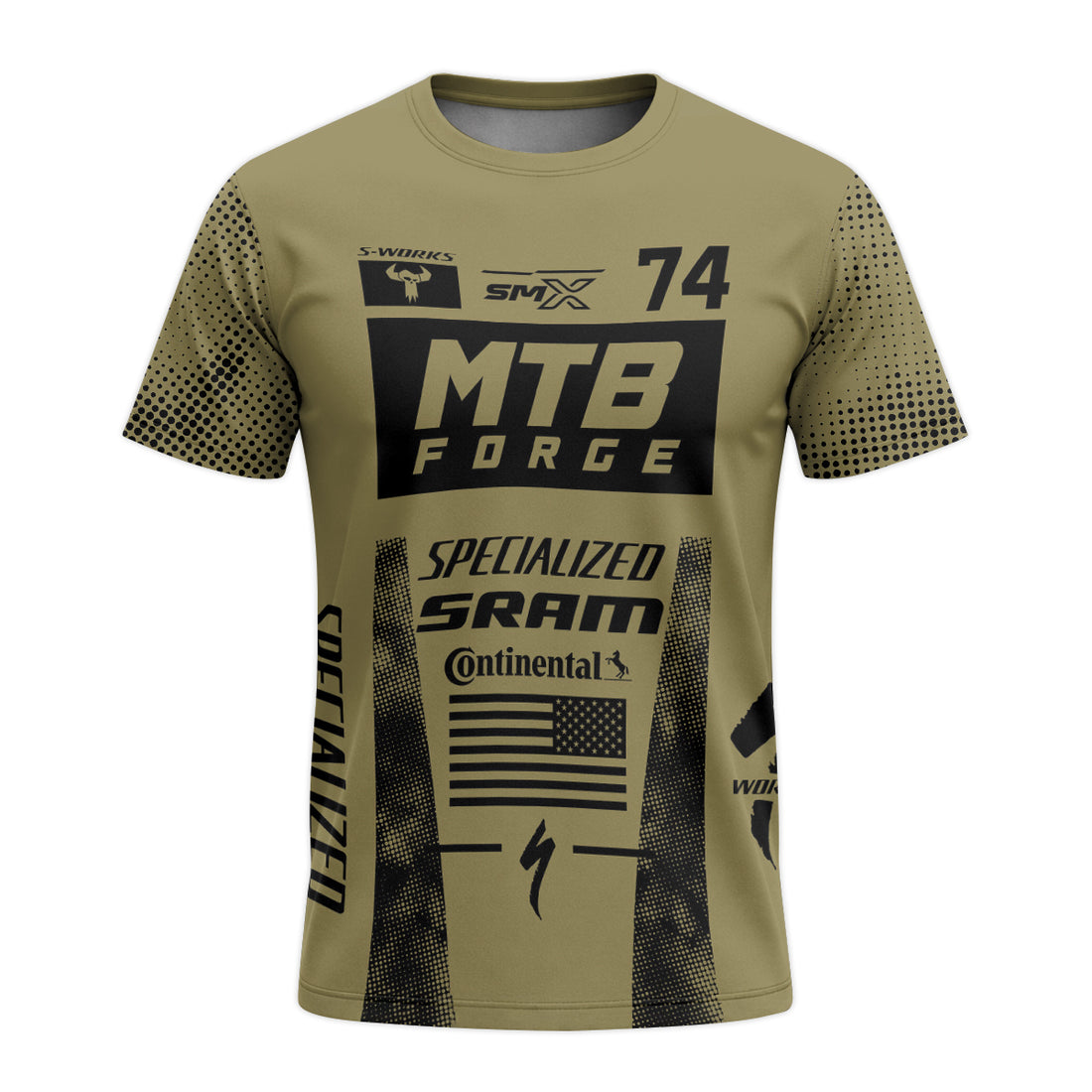 Specialized 74 Khaki Black Short Sleeve Mountain Bike Jersey – Front and Back View