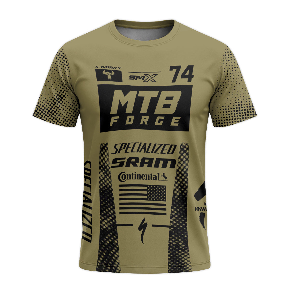Specialized 74 Khaki Black Short Sleeve Mountain Bike Jersey – Front View Mockup