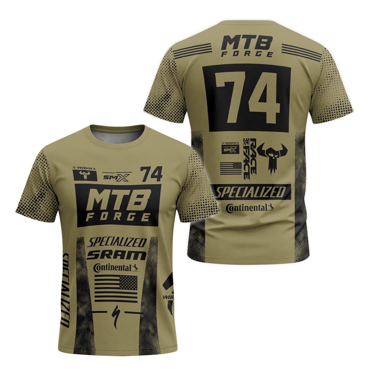 Specialized 74 Khaki Black Short Sleeve Mountain Bike Jersey – Front and Back View