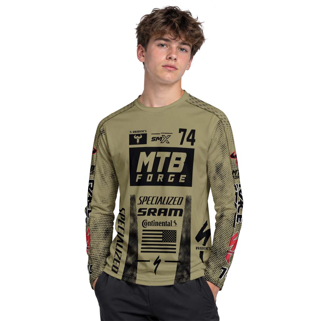Specialized 74 Khaki Black Youth Long Sleeve Mountain Bike Jersey – Boy Lifestyle View