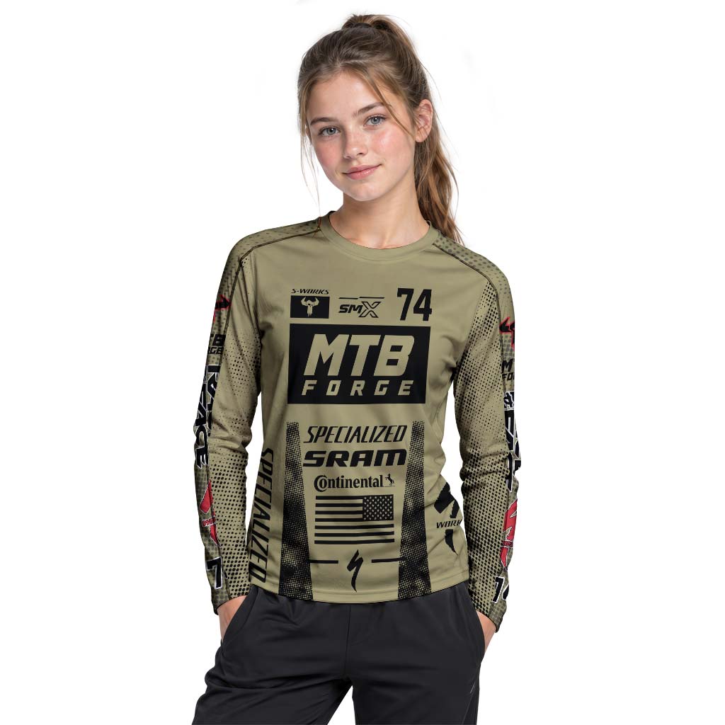 Specialized 74 Khaki Black Youth Long Sleeve Mountain Bike Jersey – Girl Lifestyle View