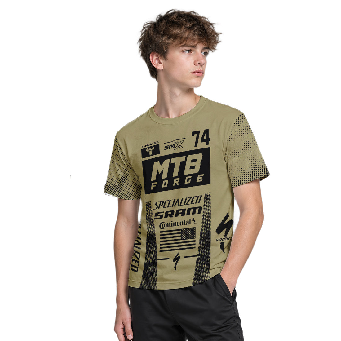 Specialized 74 Khaki Black Youth Short Sleeve Mountain Bike Jersey – Boy Lifestyle View