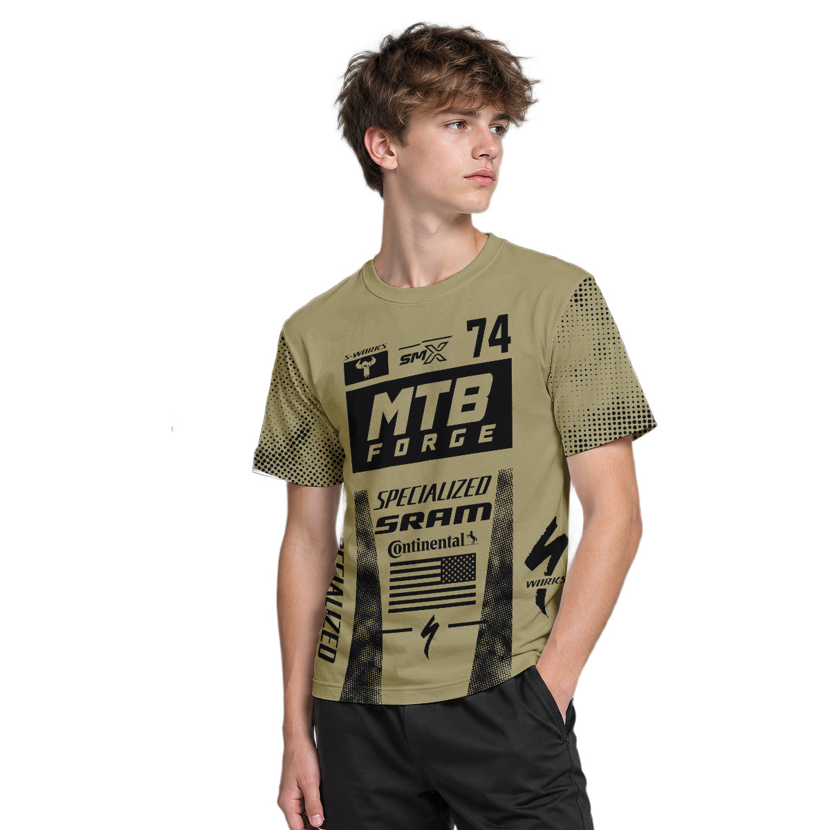 Specialized 74 Khaki Black Youth Short Sleeve Mountain Bike Jersey – Boy Lifestyle View