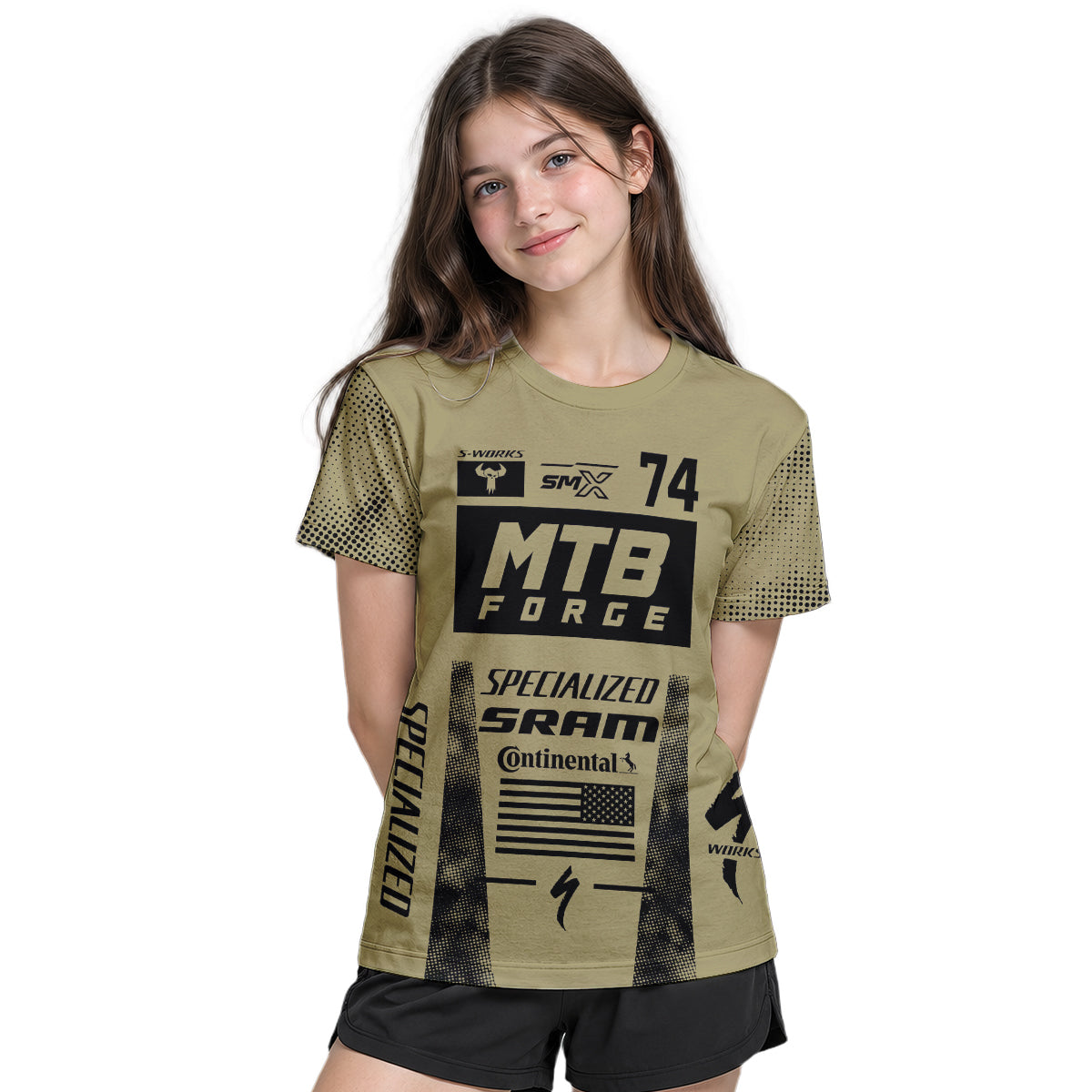 Specialized 74 Khaki Black Youth Short Sleeve Mountain Bike Jersey – Girl Lifestyle View