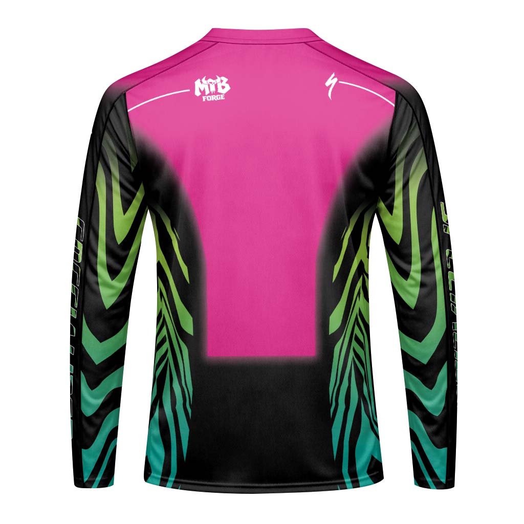 Specialized Fox Pink Black Green Long Sleeve Mountain Bike Jersey - back view mockup