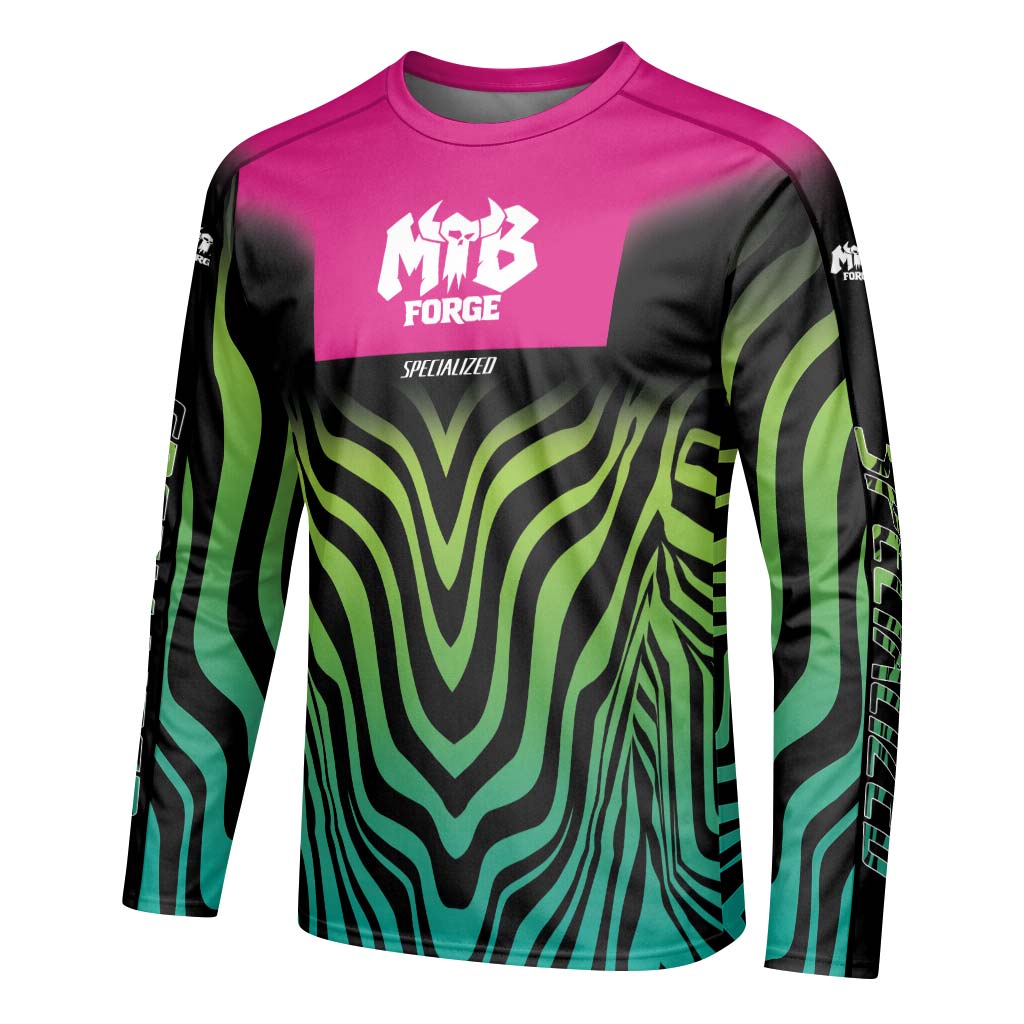 Specialized Fox Pink Black Green Long Sleeve Mountain Bike Jersey - left side mockup